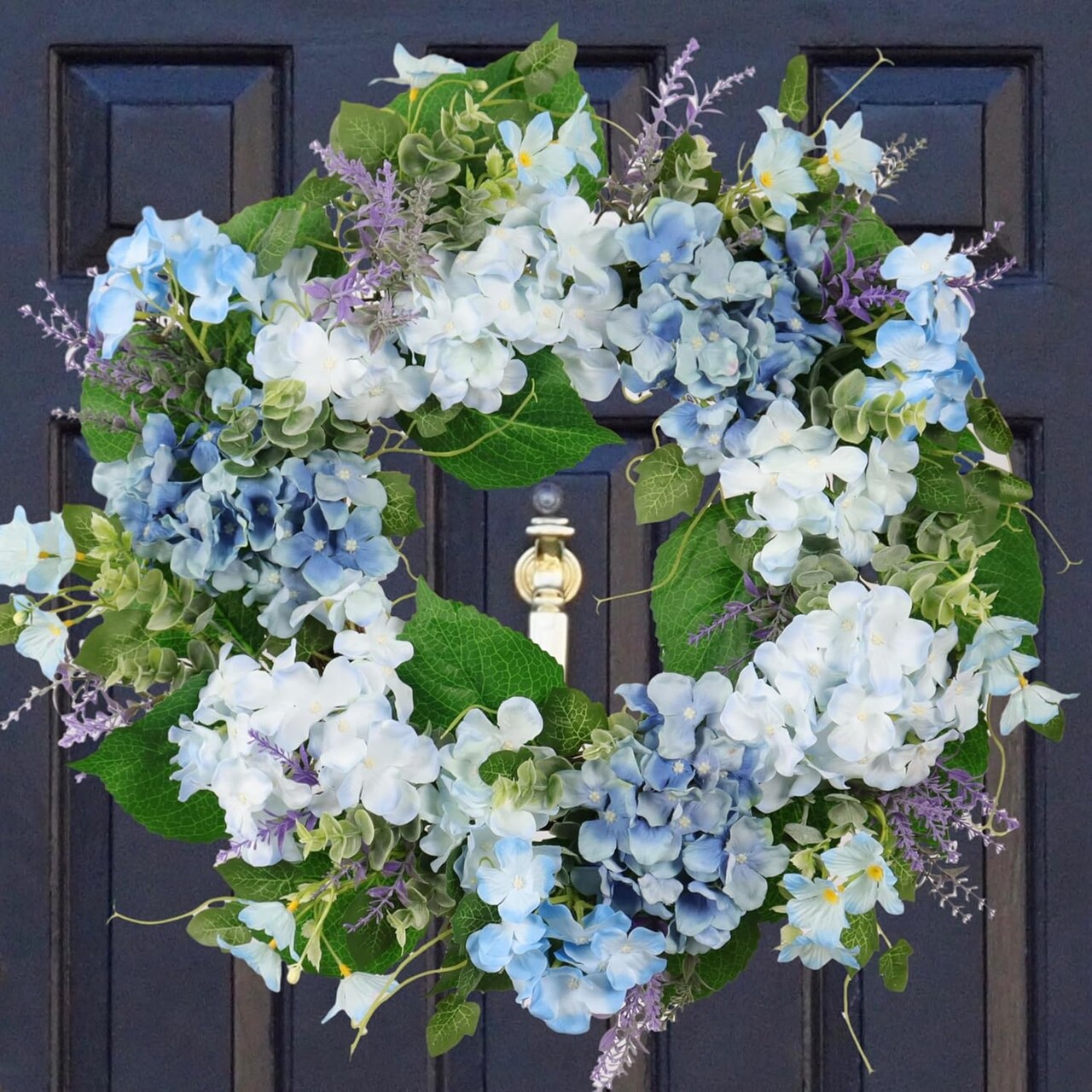 Spring Wreaths for Front Door, 20" Artificial Hydrangea Eucalyptus Wreath with Lavender – Light Blue, White & Green Spring Easter Summer Floral Door & Wall Décor